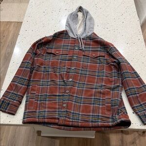 Duluth Trading Co Men's Red Plaid Shirt Jacket with Hood